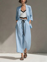 Women's Solid Color Casual Loose Cotton Linen Jacket V-neck Camisole Elastic Waist Drawstring Wide-leg Pants Cotton Linen Three-piece Set