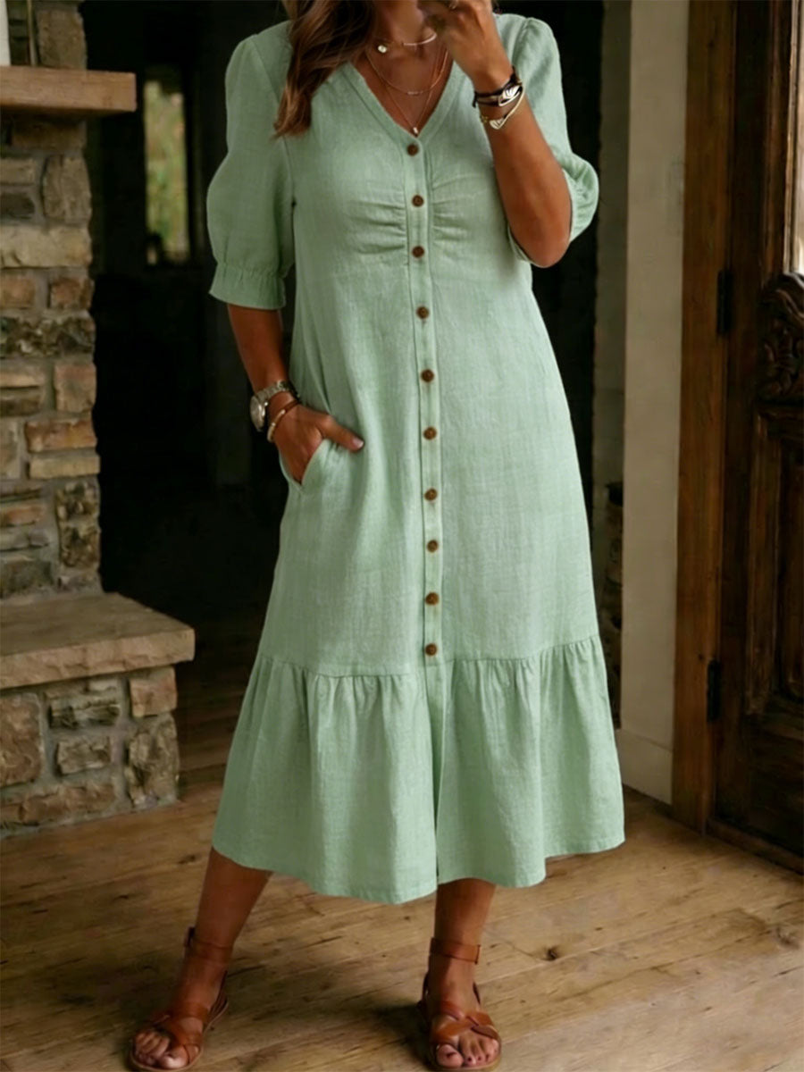 Women's Casual Loose-fitting Linen And Cotton Short-sleeved Dress