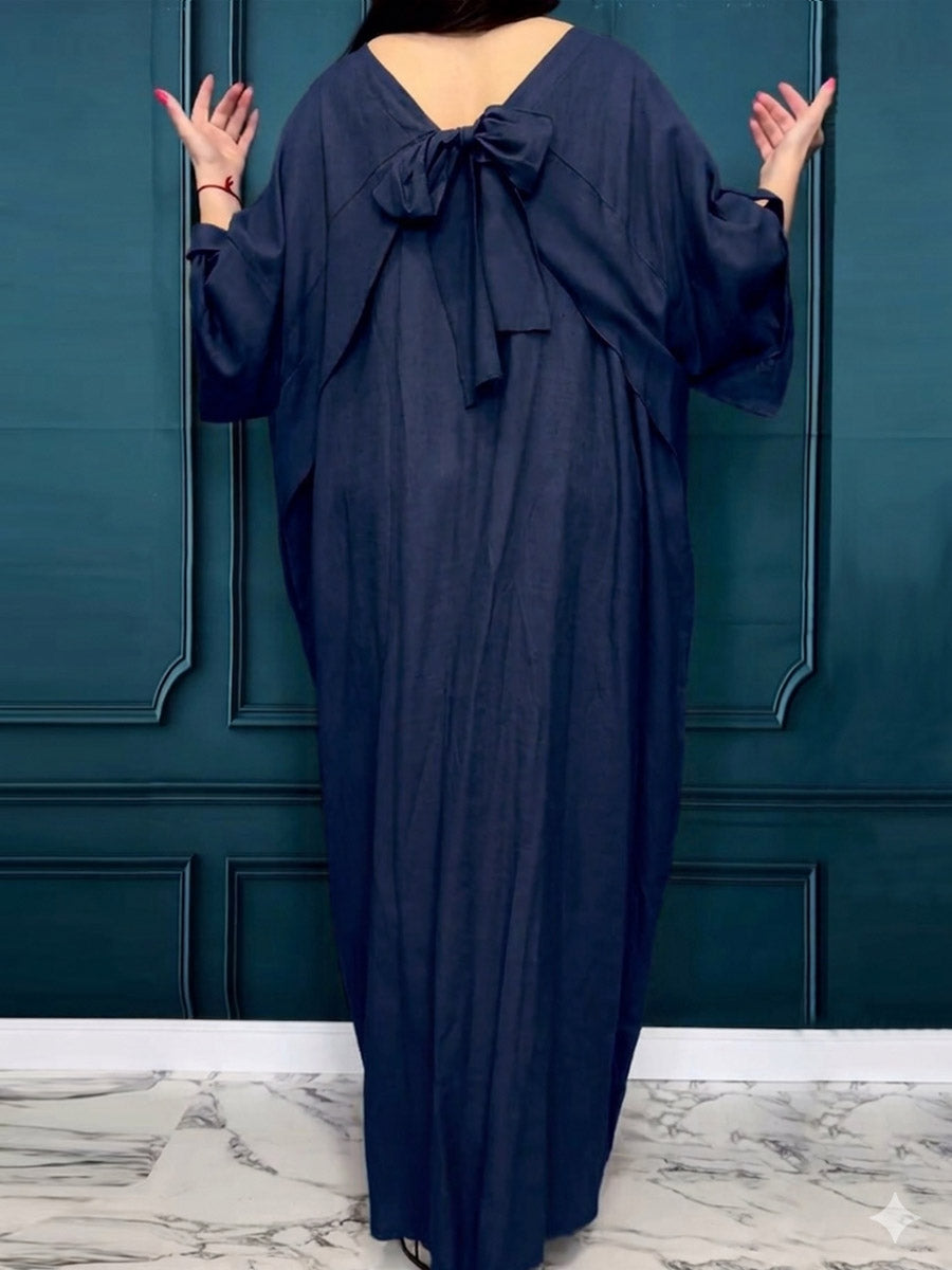 Women's Solid-color Round-neck Casual Loose Cotton-linen Dress
