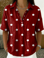Artistic Polka-dot Print Short-sleeve Collared Shirt With Half-button Placket
