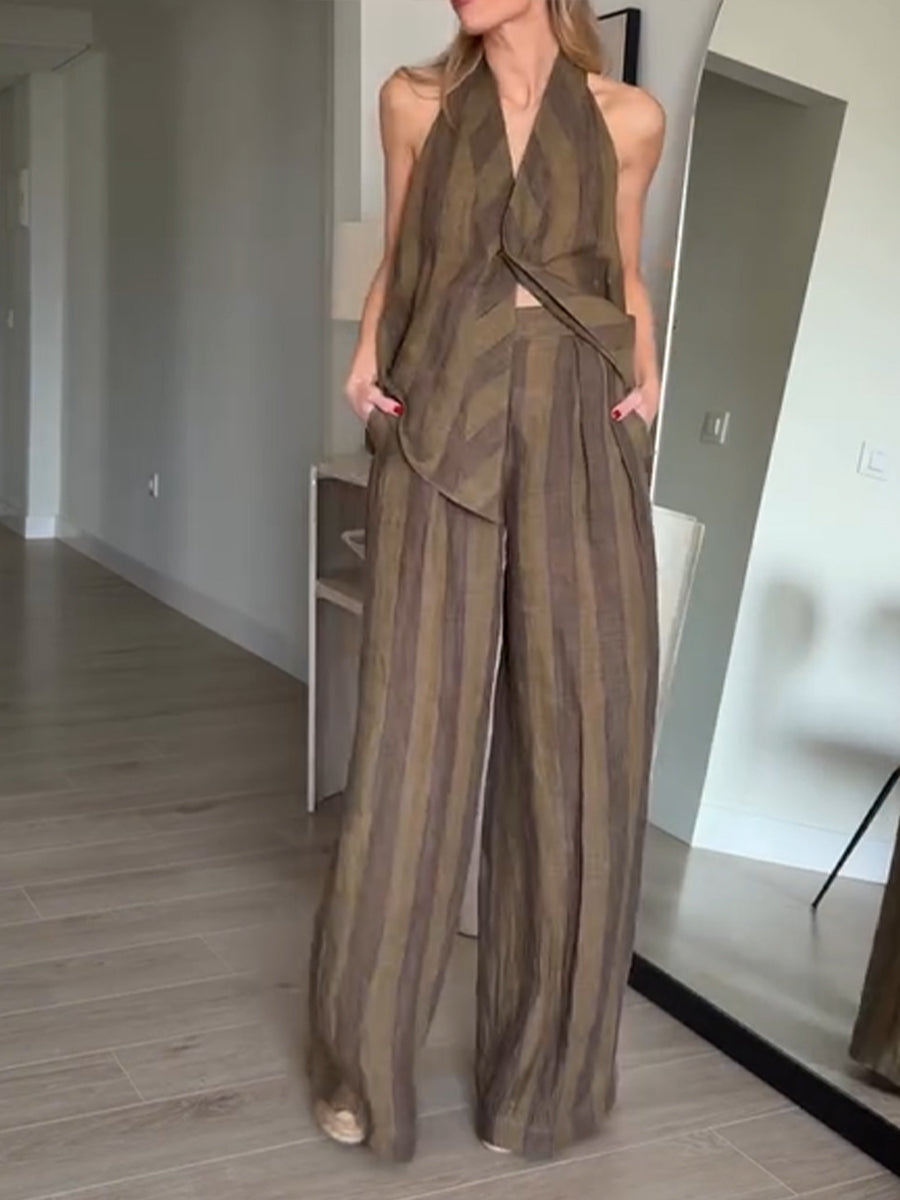Stylish Casual Striped Backless Linen-cotton Top And Wide-leg Pants Two-piece Set