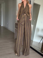Stylish Casual Striped Backless Linen-cotton Top And Wide-leg Pants Two-piece Set