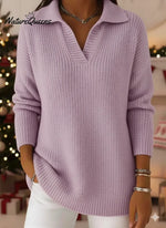 Casual Loose-fitting Polo Neck V-neck Knitted Pullover