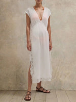 Women White Crinkled V Neck Cap Sleeve Midi Cover Up Dress, Lace Trim Side Split Beach Swimwear Kaftan for Vacation