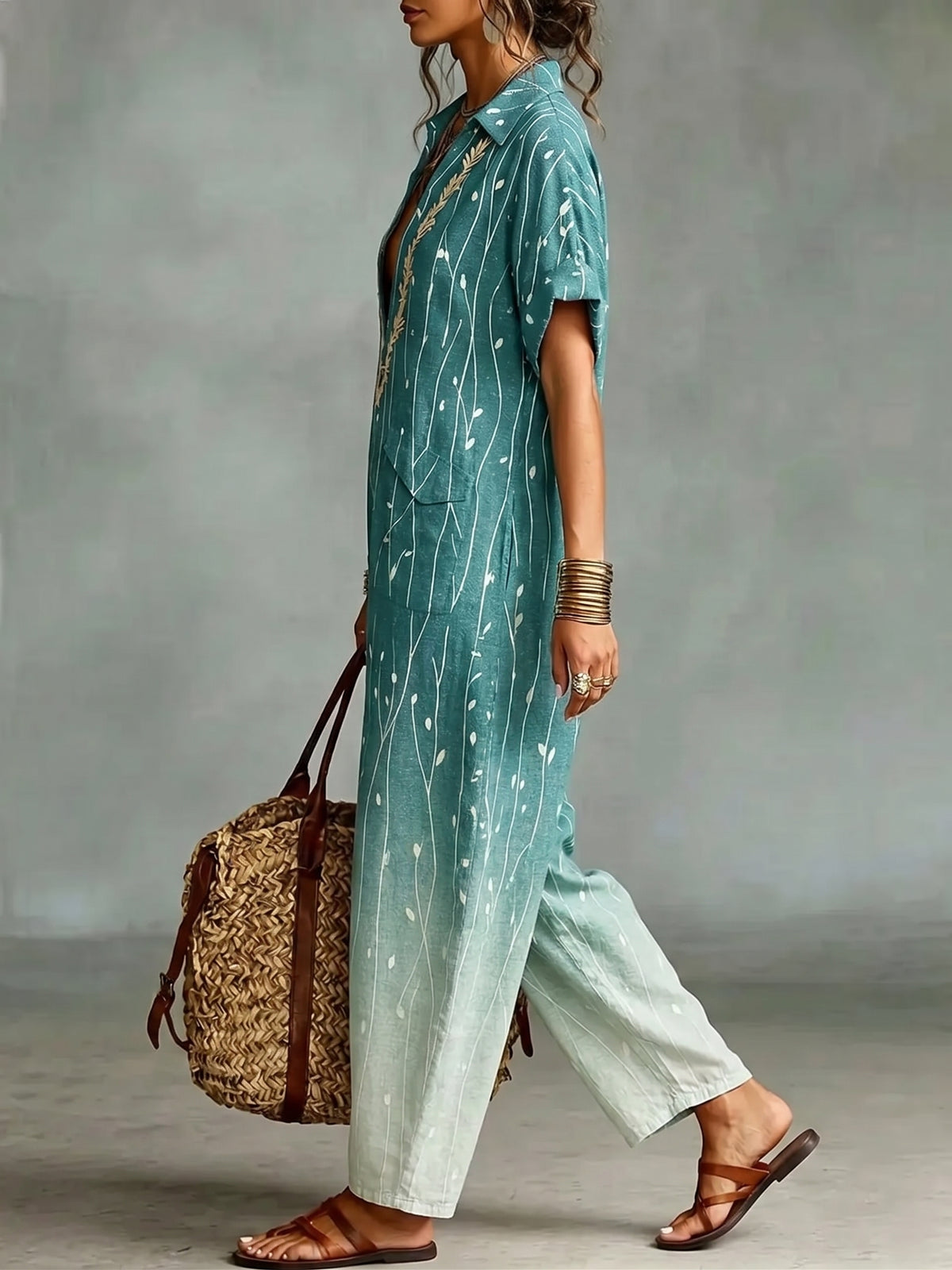 Women's Retro Gradient Florals Cotton Jumpsuit With Pockets