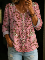 Women's Vintage Floral Pattern Art Print Casual Cotton Linen Shirt