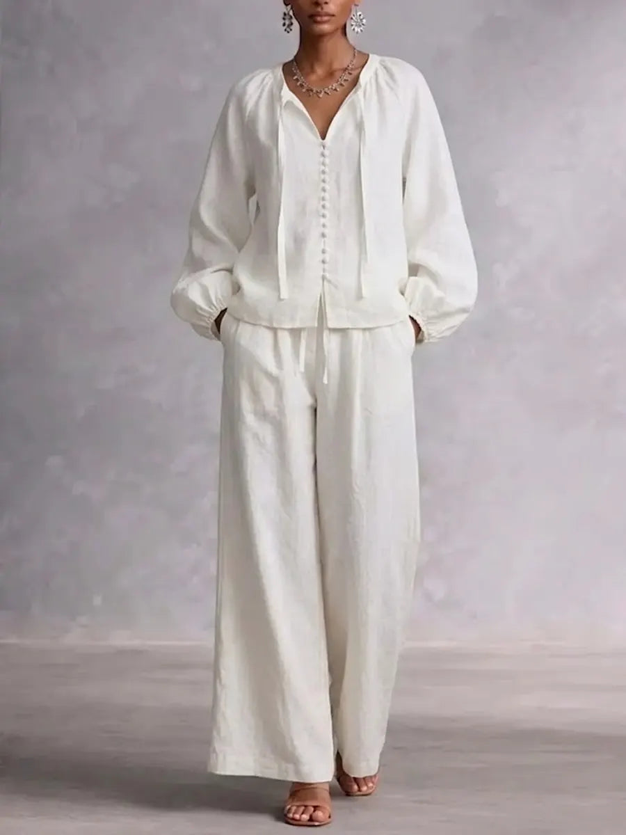 Effortless Chic Summer Linen Set | Women's Tie Neck Puff Sleeve Top & Wide Leg Pants