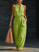 Elegant Cozy V-neck Button-up Loose Linen Jumpsuit