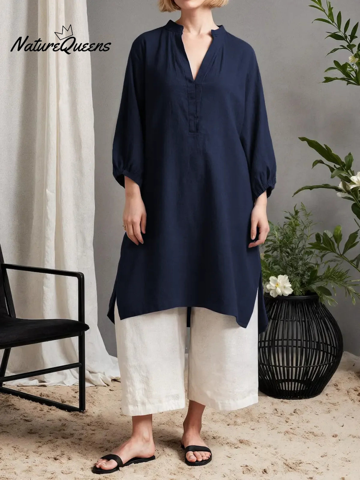 Women's Solid Color V-neck 3/4 Sleeve Casual Loose Fit Cotton Long Shirt