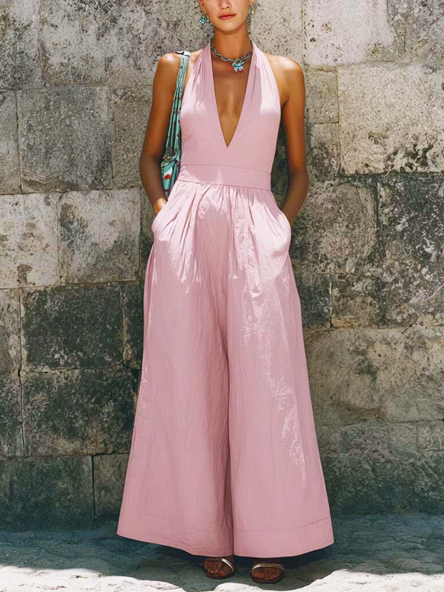 Women's V Collar Art Casual Stylish Comfortable Cotton Linen Jumpsuit