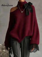 Women's Solid Color Stand-collar Long-sleeved Casual Loose Off-the-shoulder Sweater