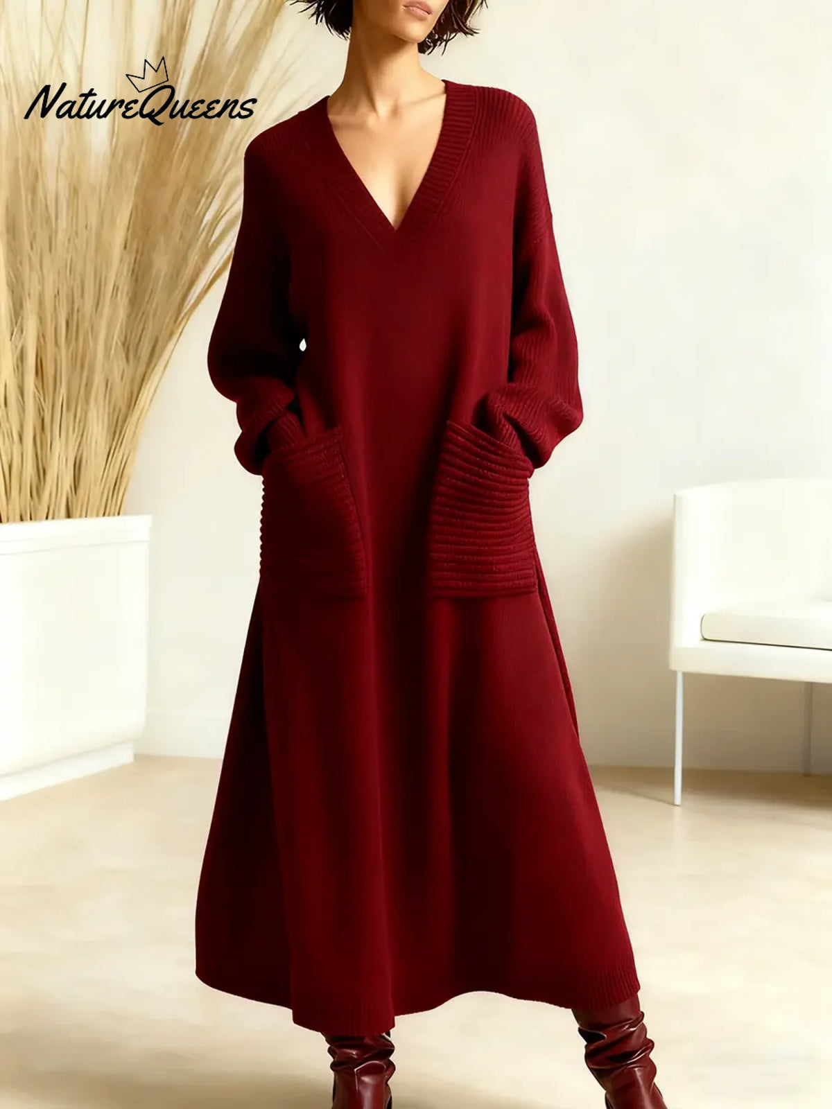 Women's Solid Color V-neck Long Sleeve Casual Pocket Loose Knit Dress