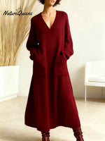 Women's Solid Color V-neck Long Sleeve Casual Pocket Loose Knit Dress