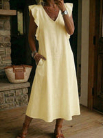 Women's Cotton-linen Back Straps And Flutter Sleeves Dress