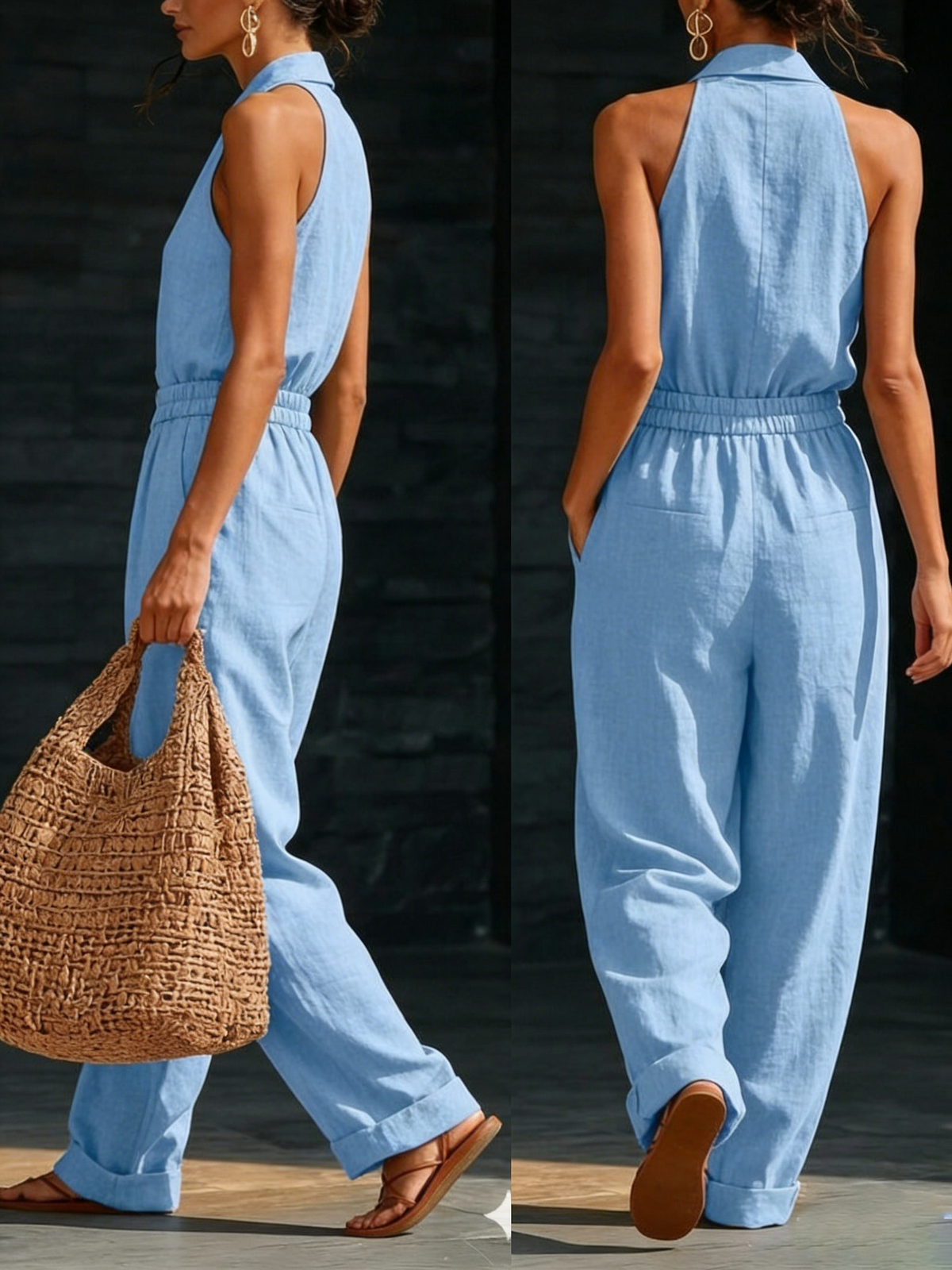 Elegant Cozy V-neck Button-up Loose Linen Jumpsuit