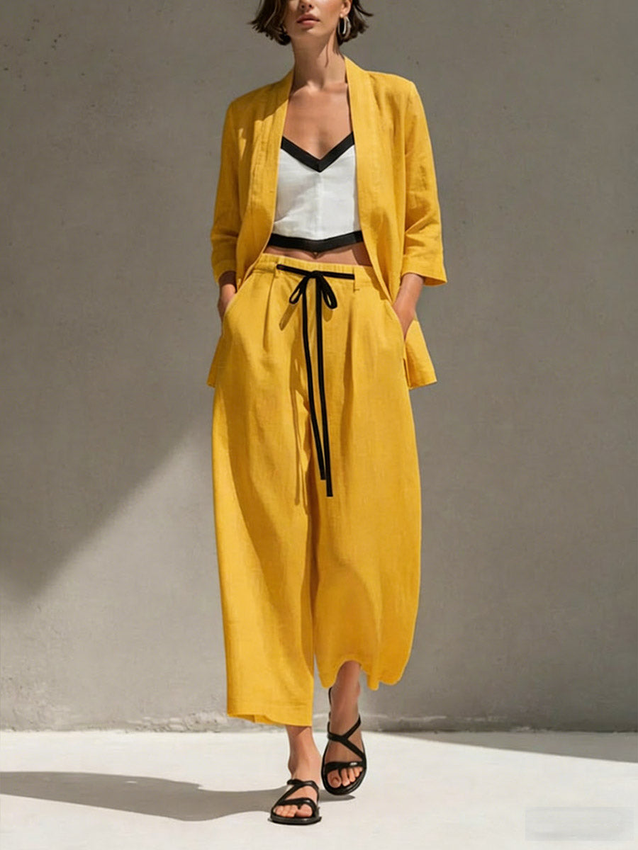 Women's Solid Color Casual Loose Cotton Linen Jacket V-neck Camisole Elastic Waist Drawstring Wide-leg Pants Cotton Linen Three-piece Set