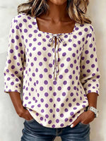 Women's Casual Loose Cotton-linen Top With Square Neck 3/4 Sleeves And Polka Dot Print