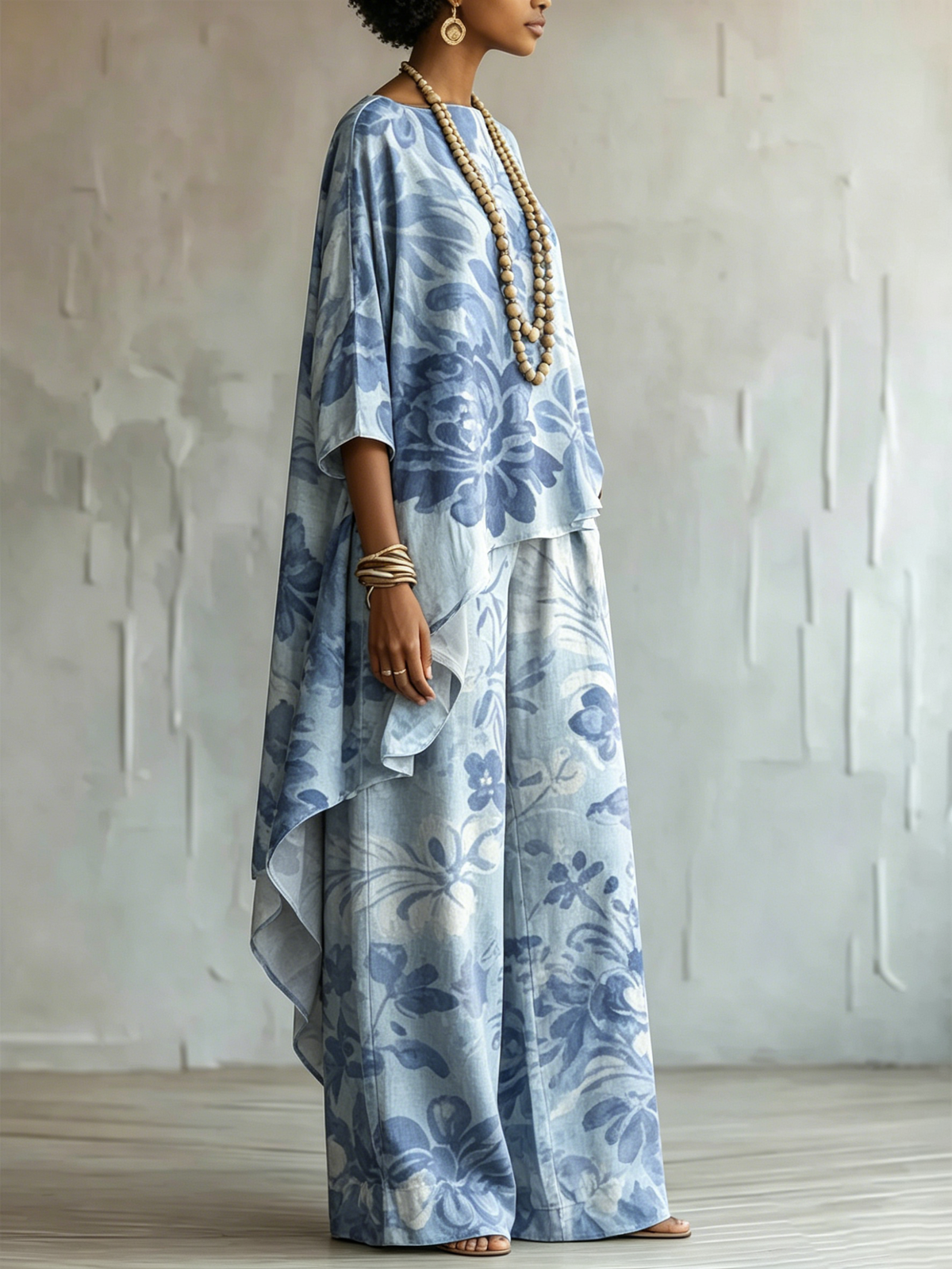 Loose-fit, Elegant Floral Cotton-linen Top + Wide-leg Pants Set