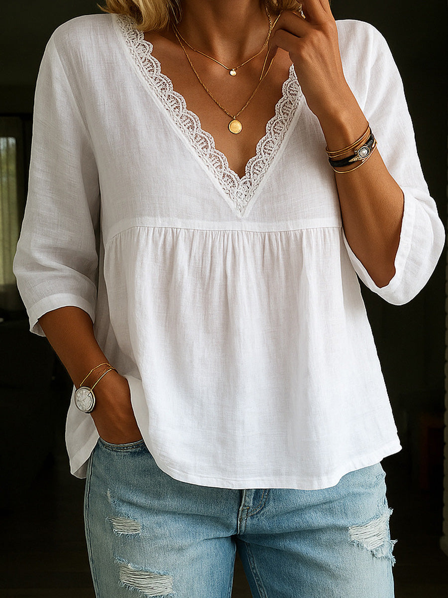 Women's 3/4-sleeve V-neck Lace Trim Top