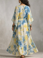 Watercolor Floral Batwing-sleeve Maxi Dress With Cinched Waist And Tie Detail