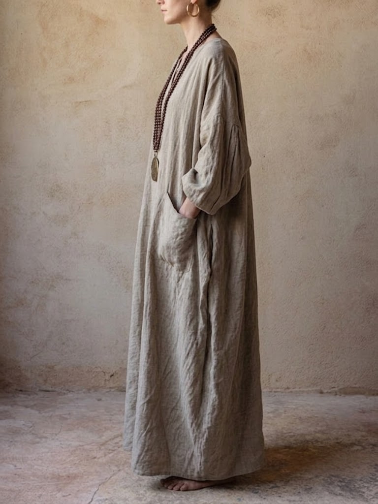 Vestido sencillo de estilo bohemio, holgado, de algodón y lino para mujer.