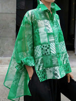Women's Casual Loose-fit Printed Top With Shirt Collar And Long Sleeves