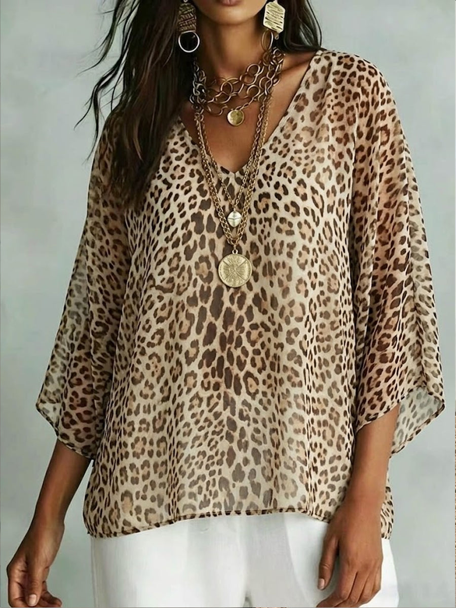 Women’s V-neck Loose Chiffon Leopard Print Top