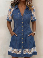 Women's Short-sleeve Casual Loose Denim-paneled Dress With Shirt Collar