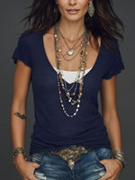 Women's V-neck Short-sleeve Faux Two-piece T-shirt