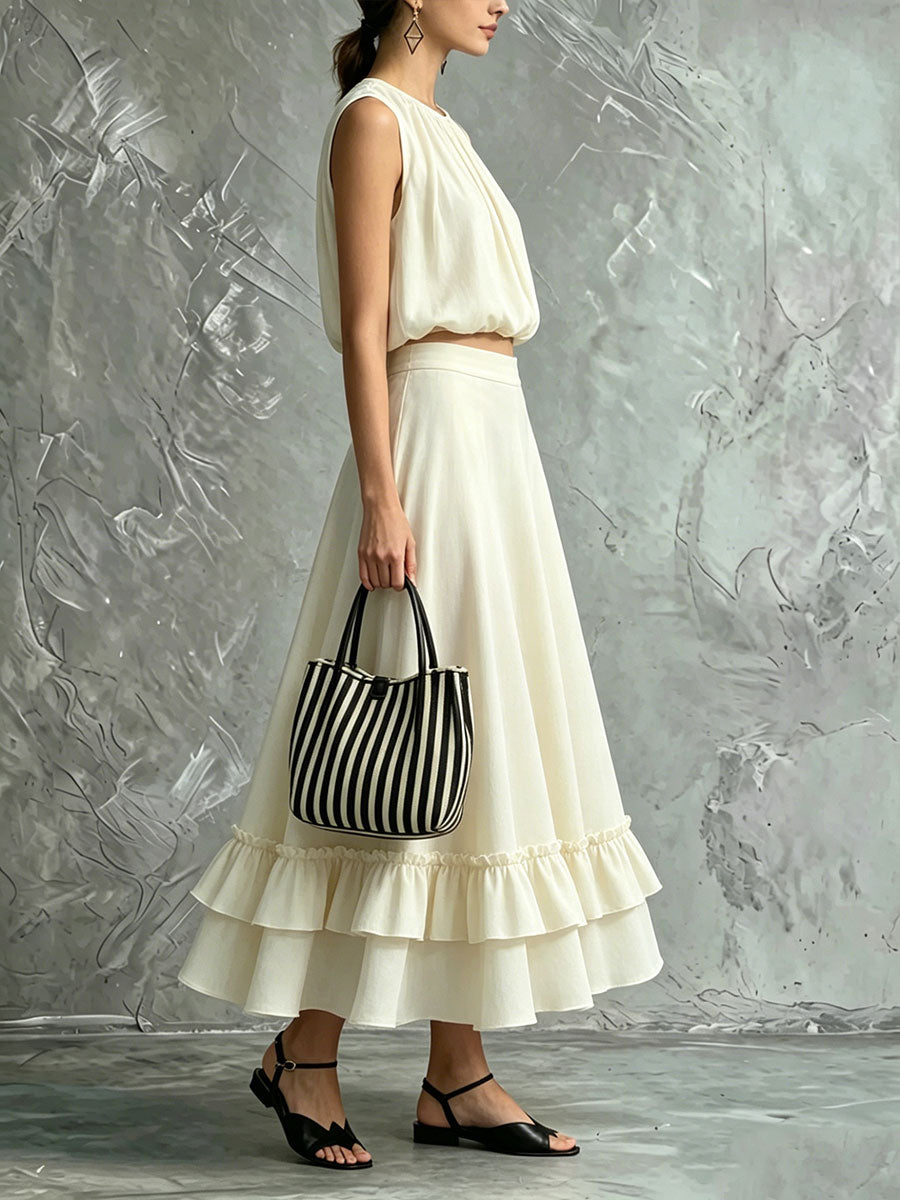 Women's Vintage Cotton-linen Sleeveless Round-neck Top And Ruffled-hem Maxi Skirt Set