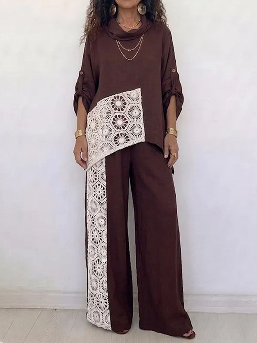 Women's Cotton-linen Set With Lace-trimmed Cowl Neck