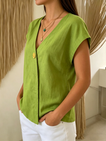 Casual Solid-color V-neck Cotton-linen Blouse