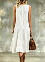 Women's Casual White Sleeveless Dress Button Down Ruffle Tiered Linen Maxi Dresses