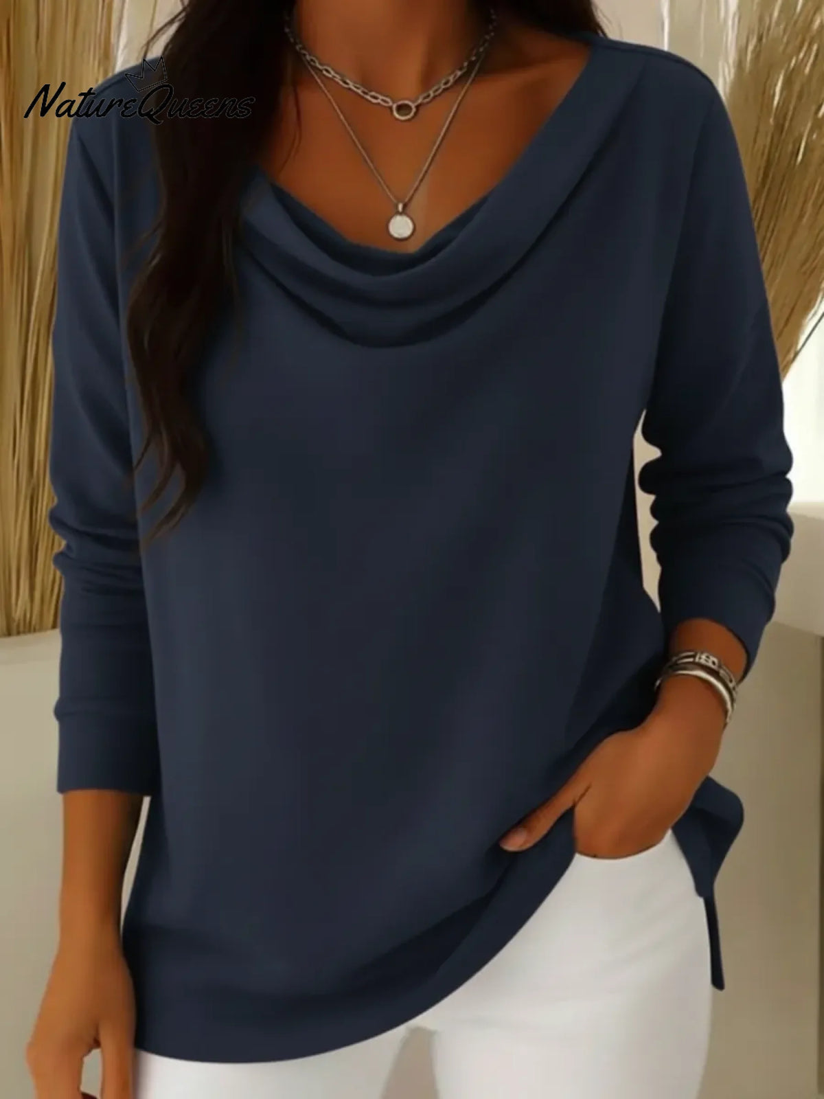Elegant Draped Collar Solid Color Top
