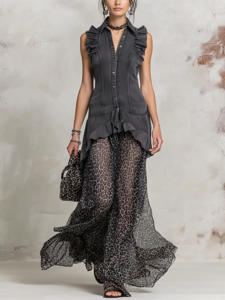 Women's Retro Lapel Denim Chiffon Patchwork Art Casual Long Dress