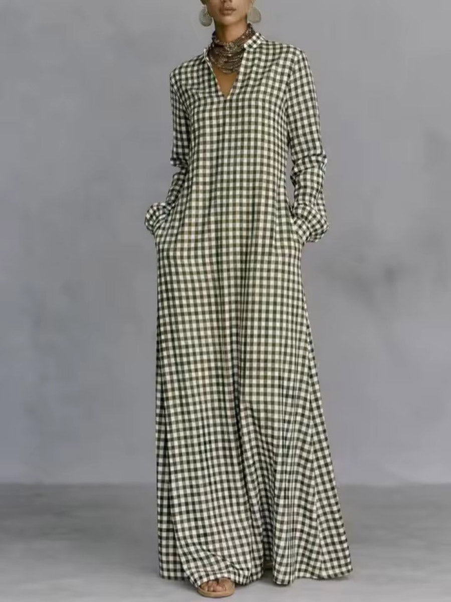 Women's Plaid Print V-neck Long-sleeved Casual Loose Cotton And Linen Dress