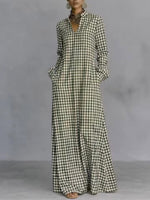 Women's Plaid Print V-neck Long-sleeved Casual Loose Cotton And Linen Dress