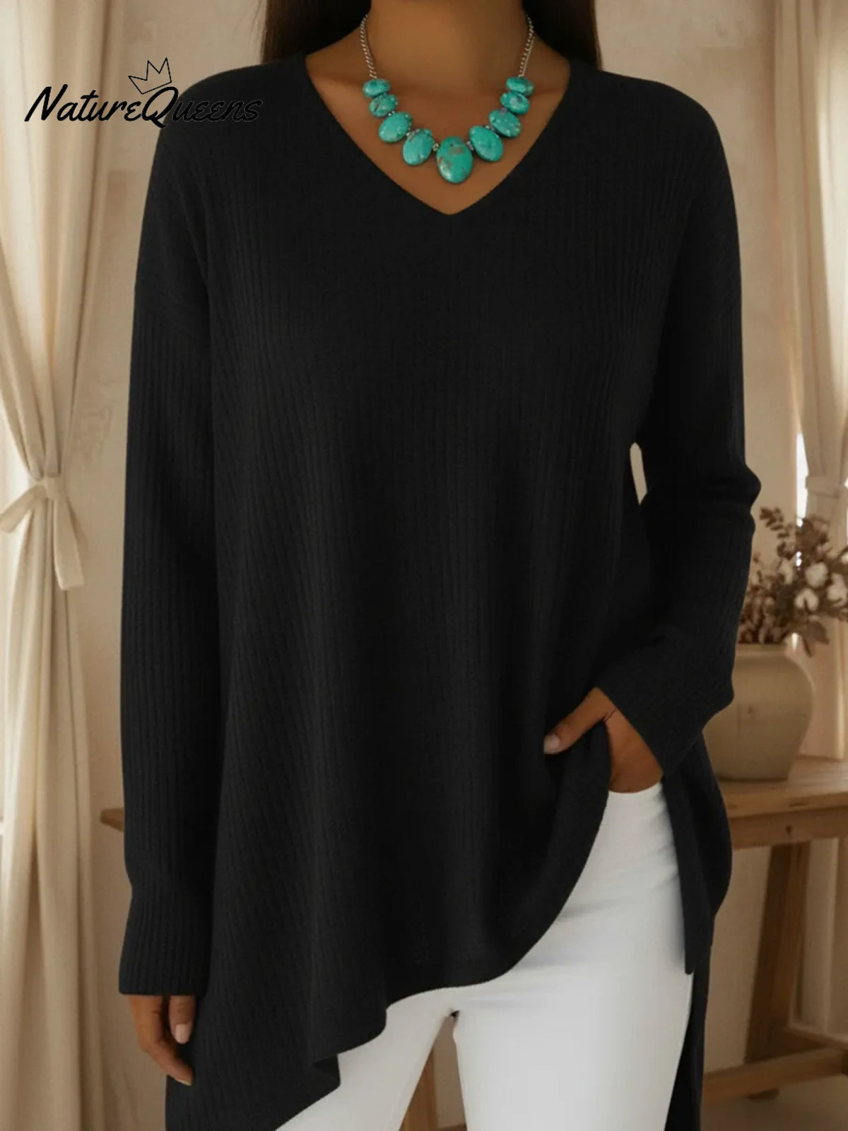 Basic Casual V-neck Irregular Hem Sweater