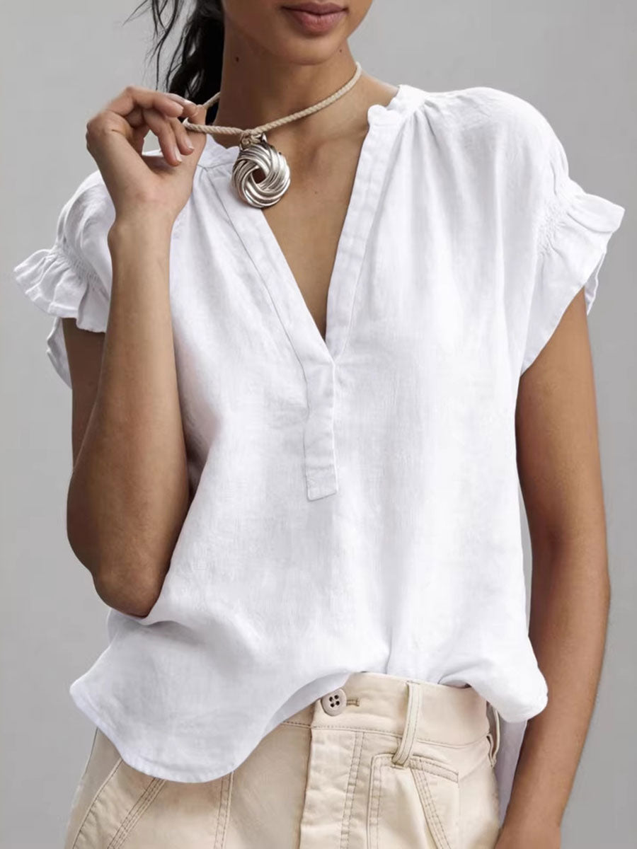 Women's Casual V-neck Short-sleeve Solid-color Cotton-linen Top