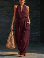 Elegant Cozy V-neck Button-up Loose Linen Jumpsuit