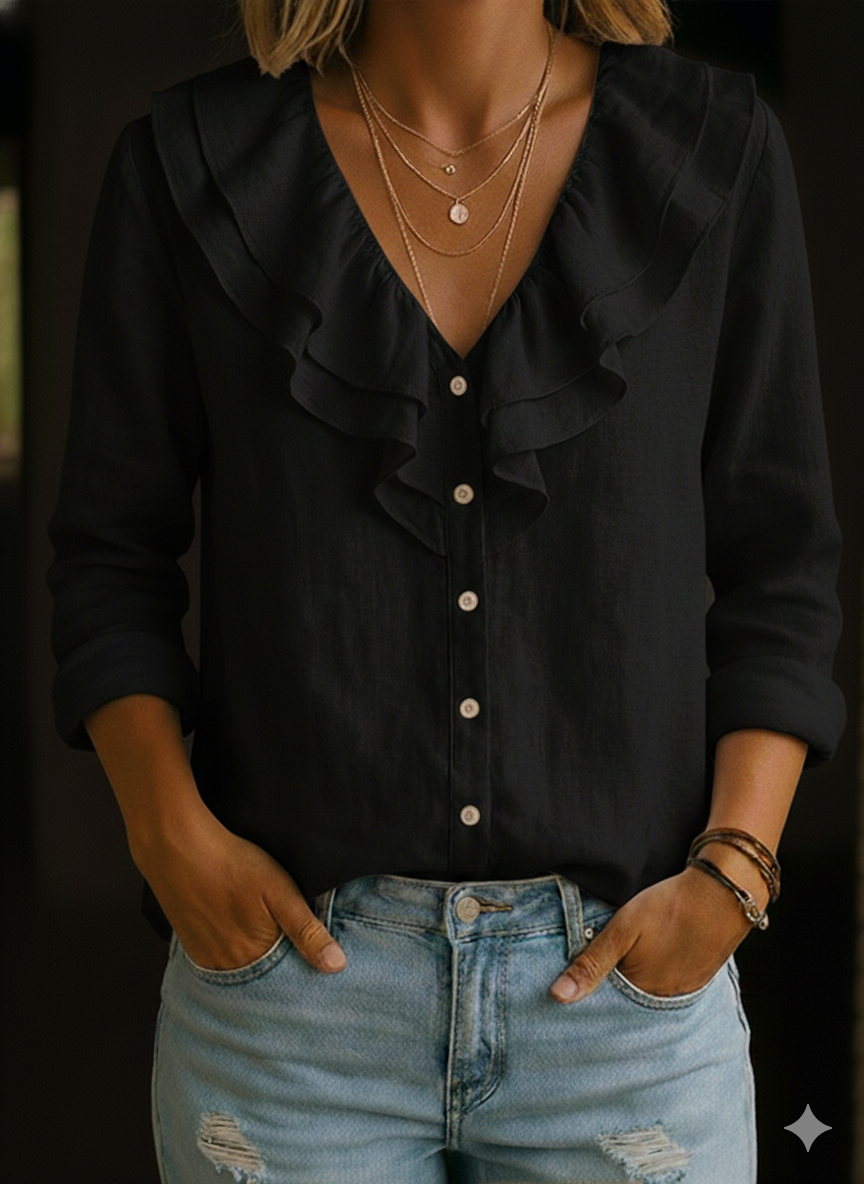 Women's Ruffled Collar Linen And Cotton Shirt