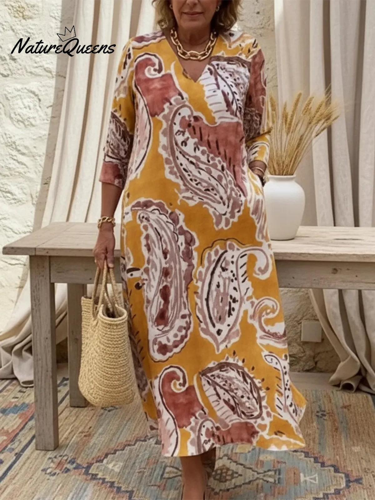 Retro V-neck Paisley Print Linen Midi Dress