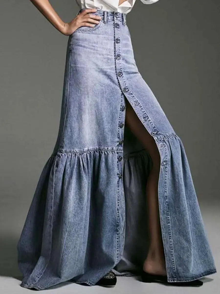 Women's Casual Button Stylish Art Denim Long Skirt