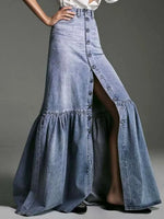 Women's Casual Button Stylish Art Denim Long Skirt