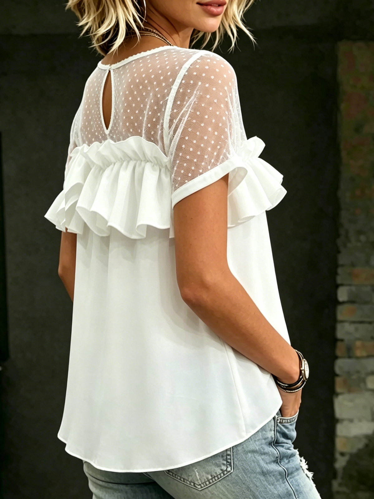 Blusa elegante de malla transparente para mujer, camisa de manga corta con estampado de lunares, tops casuales con volantes en capas, túnicas de gasa con dobladillo asimétrico más alto que el bajo.