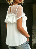 Blusa elegante de malla transparente para mujer, camisa de manga corta con estampado de lunares, tops casuales con volantes en capas, túnicas de gasa con dobladillo asimétrico más alto que el bajo.