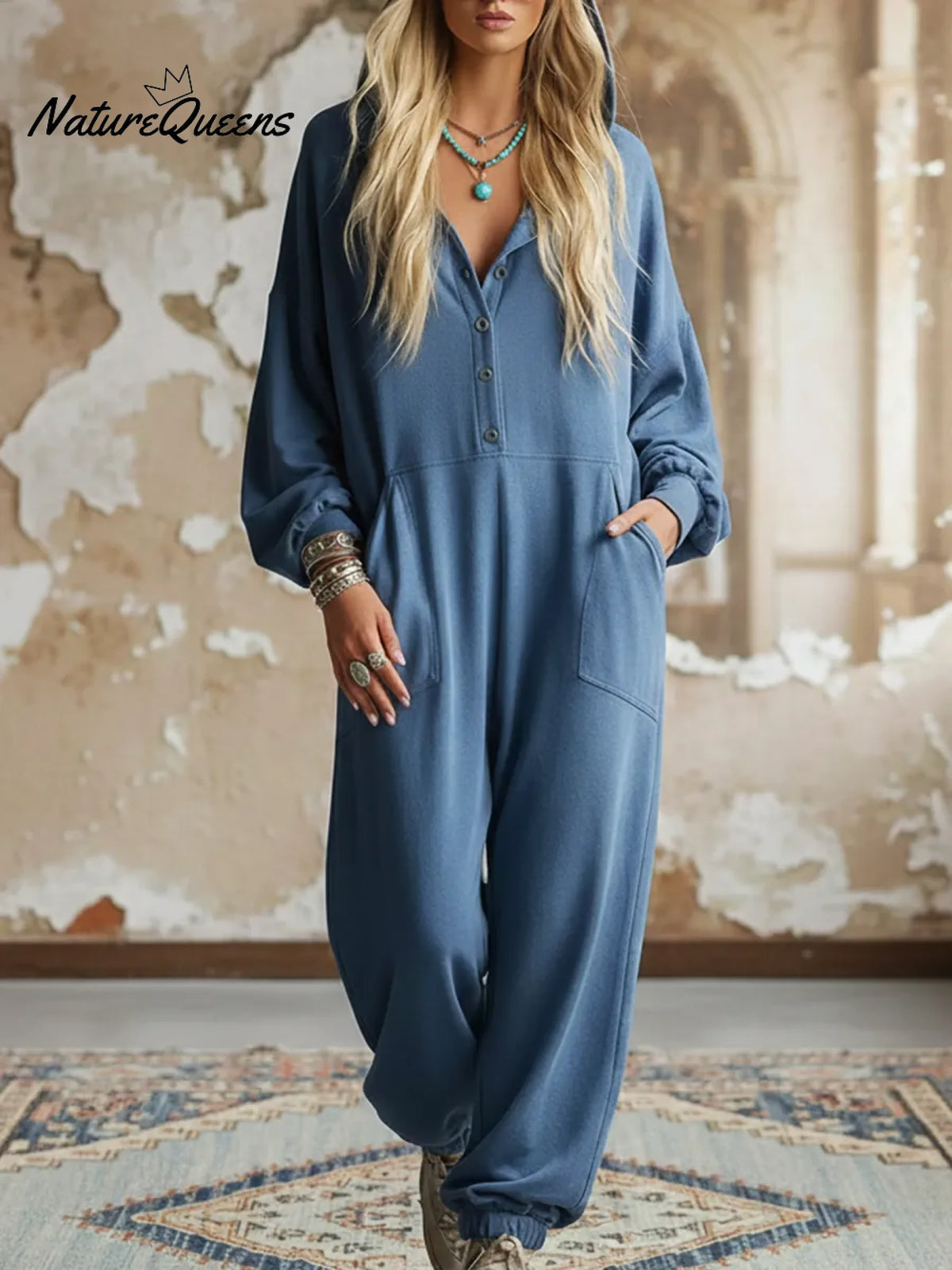 Casual Cozy Loose Hooded Button-up Cotton Jumpsuit