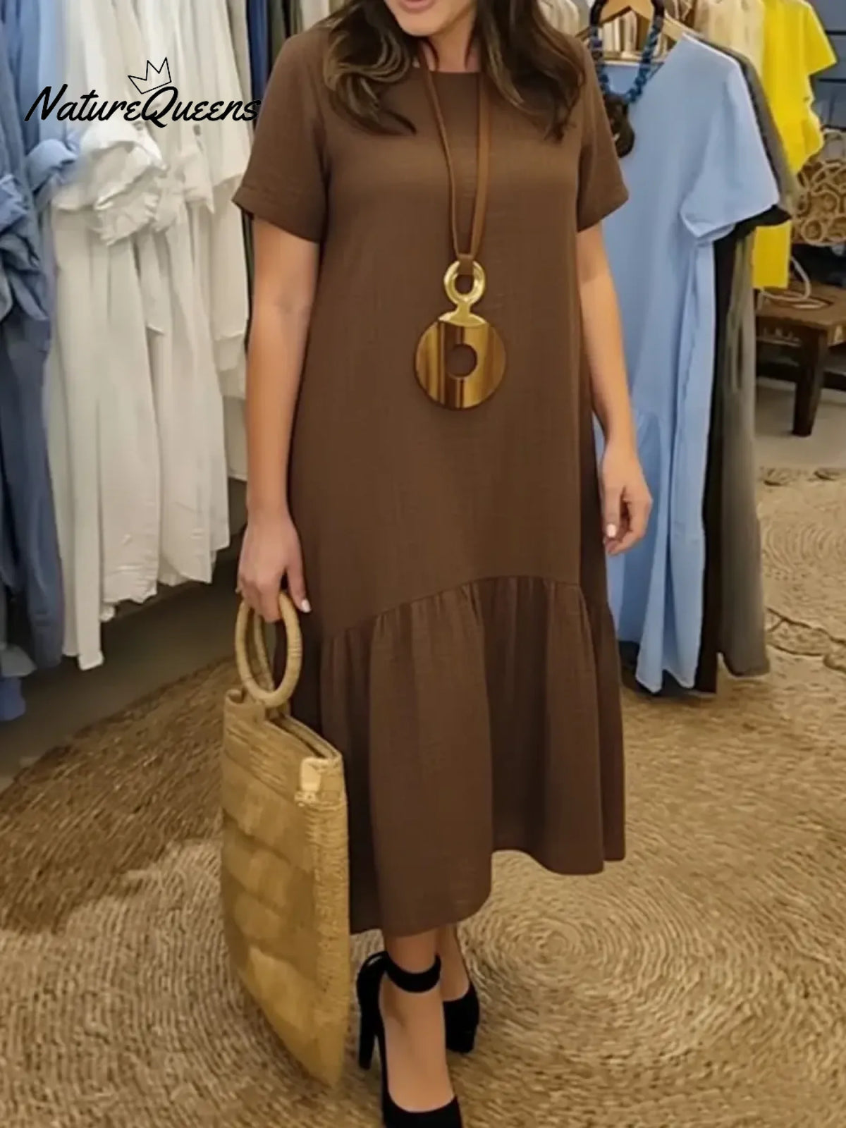 Women's Solid Color Round Neck Short-sleeved Casual Loose Ruffled Linen Dress