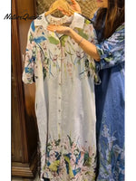 Women's Loose Casual Floral Print Cotton Linen Shirt Dress