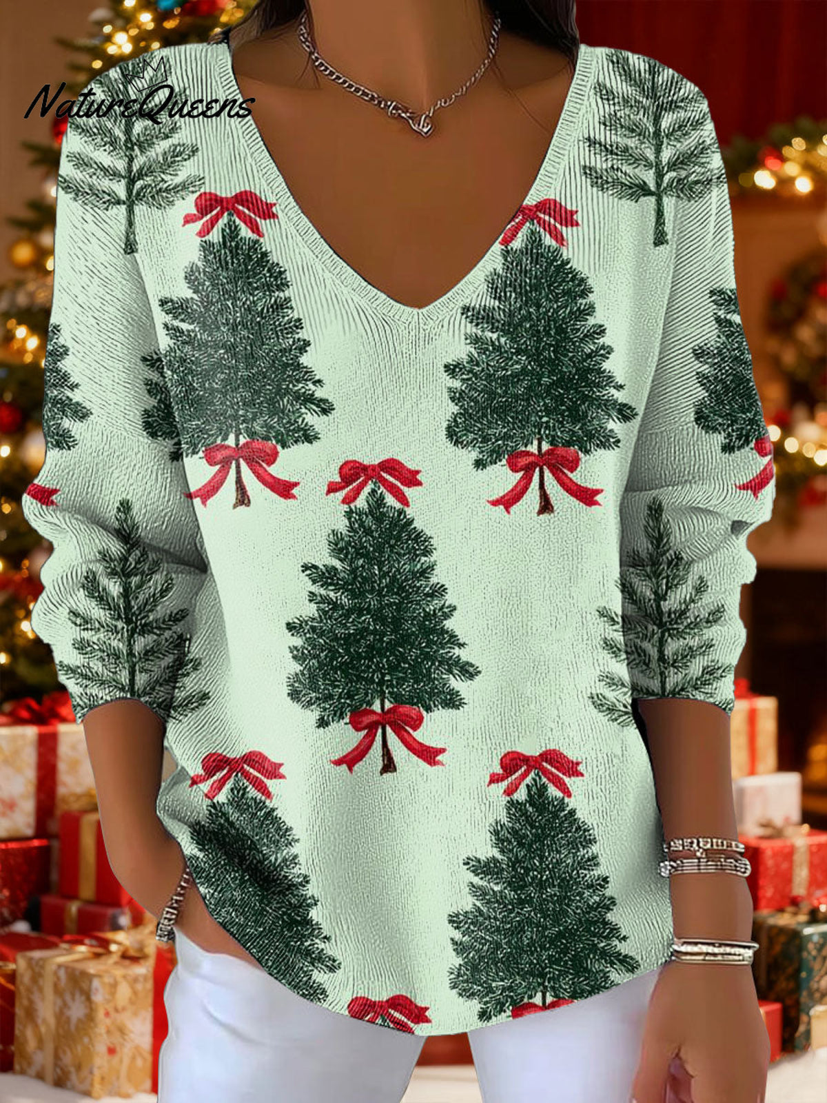 Women's Christmas Trees Gradient Snowflake Pattern Art Print V-neck Solid Color Loose Shiny Sweater